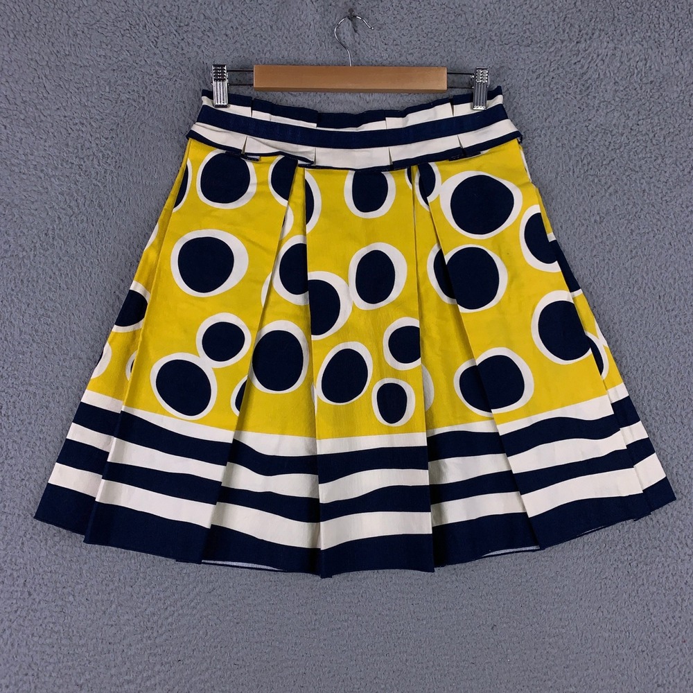 Anna Sui for Anthropologie Polka Dot Pleated Skirt Womens 8 Yellow Navy Mod Mini